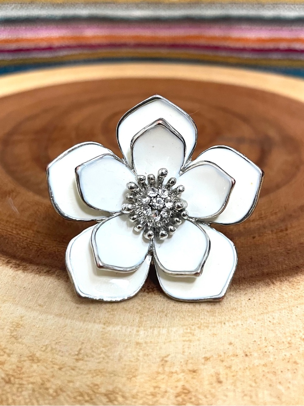 Vintage White Enamel Silver Tone Flower Statement Ring with Rhinestone Center